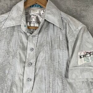 Diesel Button Up Shirt Mens Large Gray White Short Sleeve Y2K Pleated Front